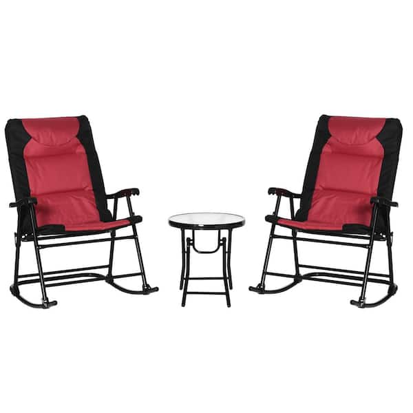 Sudzendf 3 Piece Red Outdoor Patio Furniture Set with Glass Coffee Table and 2 Folding Padded Rocking Chairs