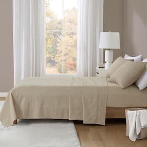 Oversized Cotton Flannel 4-Piece Beige/White Stripes King Sheet Set