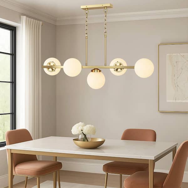 5-Light Gold Modern Linear Chandelier Kitchen Island Pendant Light with White Glass Shade