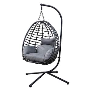 37.4 in. W Black Metal Patio Swing with Gray Cushions, Stand