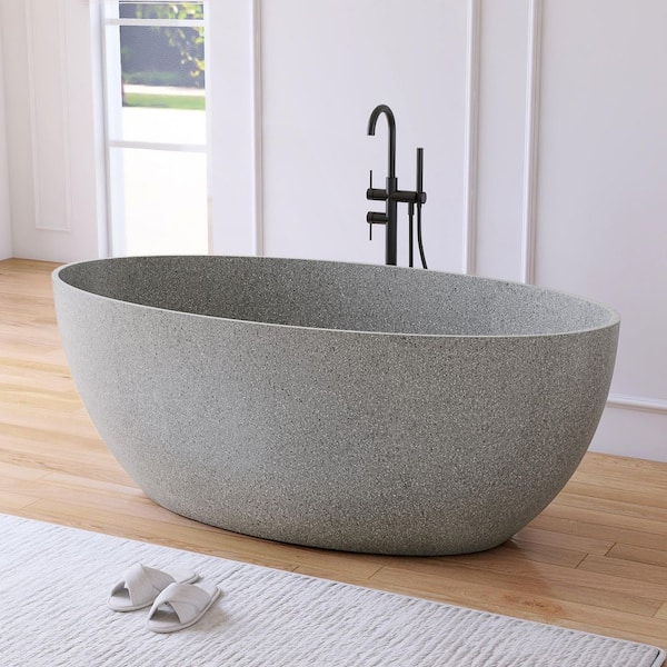 63 in. x 31 in. Terrazzo Stone Solid Surface Flatbottom Freestanding Soaking Bathtub in Gray