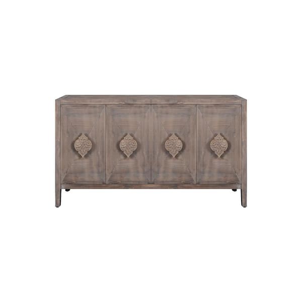 COWLOWN 59.8 in. W x 15.7 in. D x 32.3 in. H Antique Brown Linen Cabinet with Carved Flower Door Handles, 4-Doors