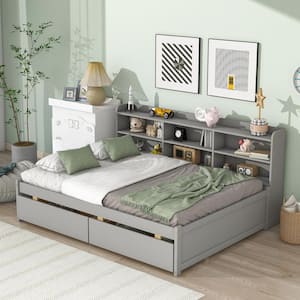 Gray Full Size 1-Piece Wood Frame Top Platform Bed with Side Bookcase and 2-Drawers