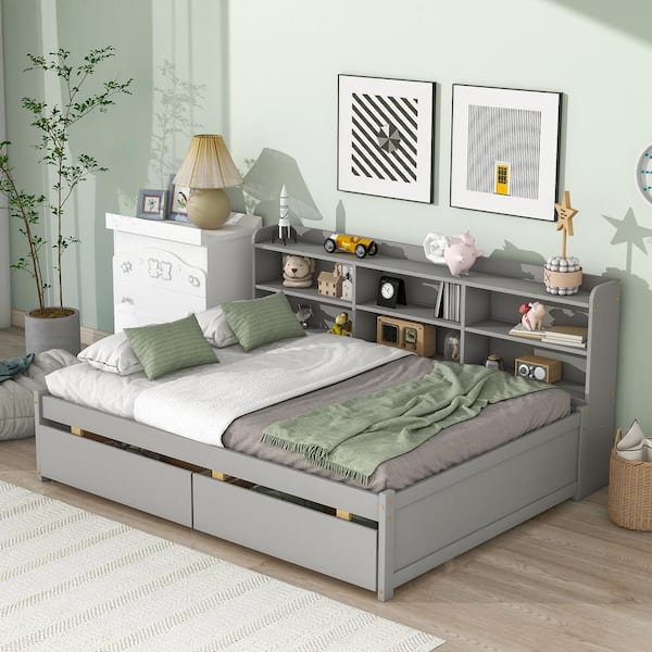 Harper & Bright Designs Gray Full Size 1-Piece Wood Frame Top Platform Bed with Side Bookcase and 2-Drawers