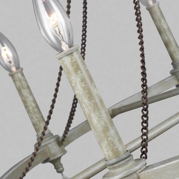 Generation Lighting - Studio Beverly 8-Light French Washed Oak and Distressed White Wood Beaded Wagon Wheel Farmhouse Candlestick Chandelier
