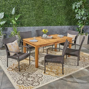 Hayes Natural 7-Piece Wood and Multi-Brown Faux Rattan Outdoor Dining Set
