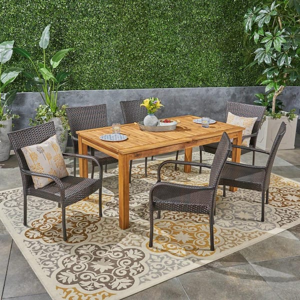 Hayes Natural 7-Piece Wood and Multi-Brown Faux Rattan Outdoor Dining Set