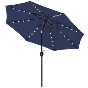 9 ft. Solar 32 LED Lighted Aluminum Outdoor Patio Umbrella with Hand Crank Lift in Dark Blue