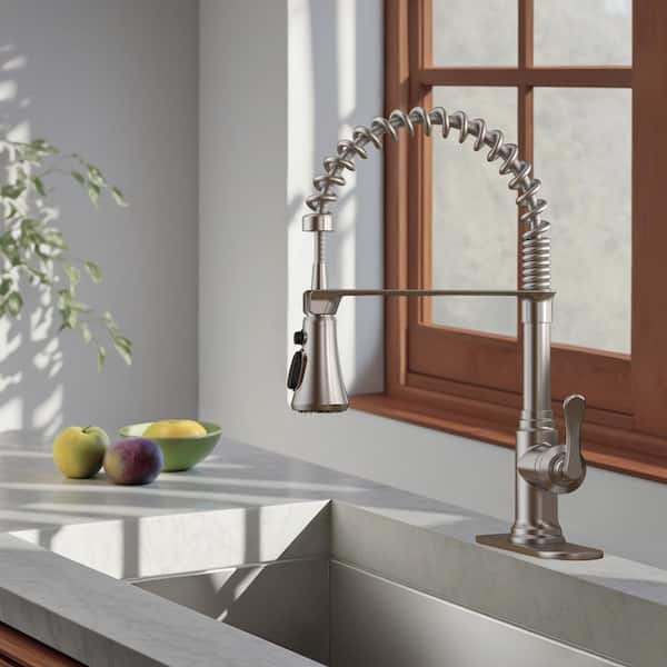 Single Handle Pull Down Sprayer Kitchen Faucet with Deck Plate in Brushed Nickel