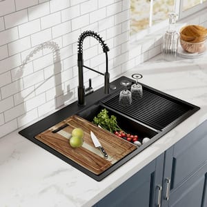 30 in. Drop-In Single Bowl 18 Gauge Black Stainless Steel Workstation Kitchen Sink with Black Spring Neck Faucet