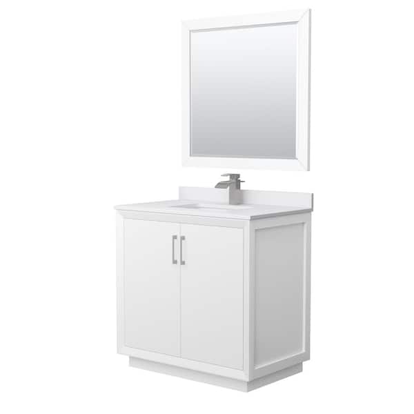 Wyndham Collection Strada 36 in. W x 22 in. D x 35 in. H Single Bath Vanity in White with White Cultured Marble Top and 34" Mirror