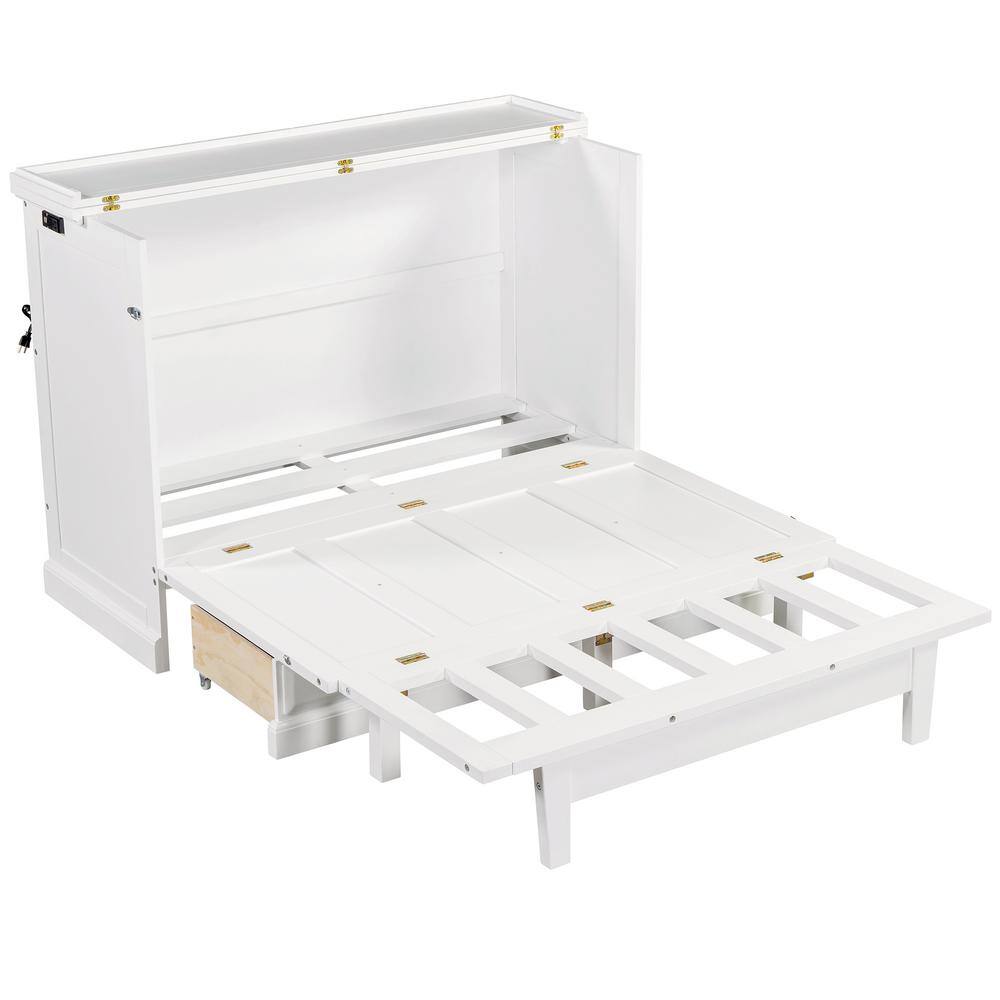 White Wood Frame Queen Size Murphy Bed, Chest Cube Cabinet Bed with Charging Station and Large Storage Drawer - thumbnail 6