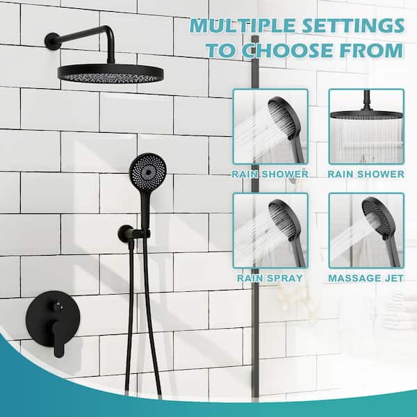 Single-Handle 4-Spary 10 in. Ultra-Thin Round Wall Mount Shower Faucet in Matte Black (Valve Included)