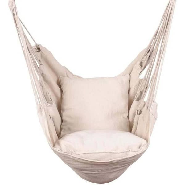 Zeus & Ruta 39 in. Hanging Rope Hammock Chair with 2-Seat Cushion and Carrying Bag in Beige