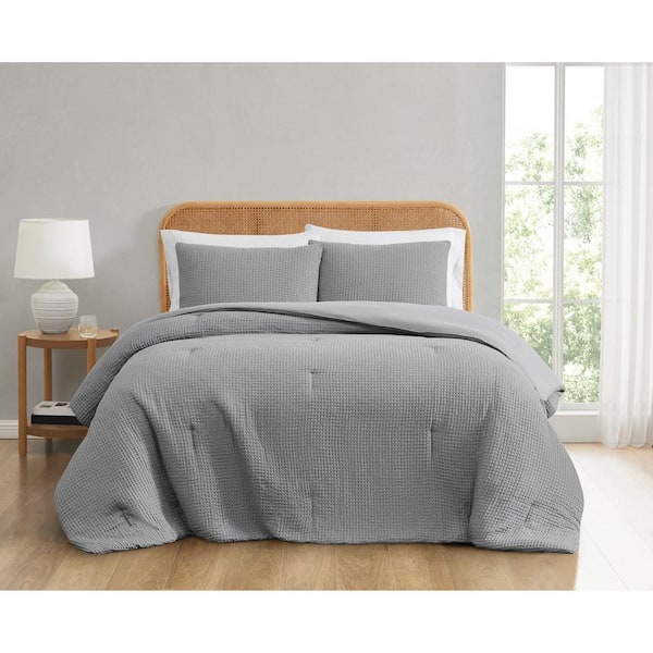 Truly Soft Textured Waffle Grey Full Queen 3-Piece Microfiber Comforter Set