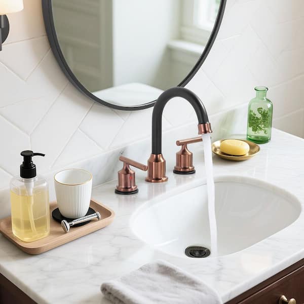 8 in. Widespread Double Handle Bathroom Faucet in Rose Gold and Black