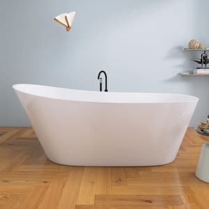 59 in. Acrylic Flatbottom Freestanding Bathtub in Gloss White with Integrated Slotted Overflow and Chrome Pop-up Drain