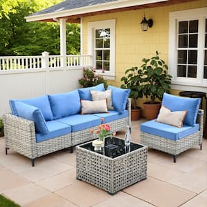 Holston 5-Piece Wicker Modern Outdoor Patio Conversation Sofa Sectional Set with Sky Blue Cushions