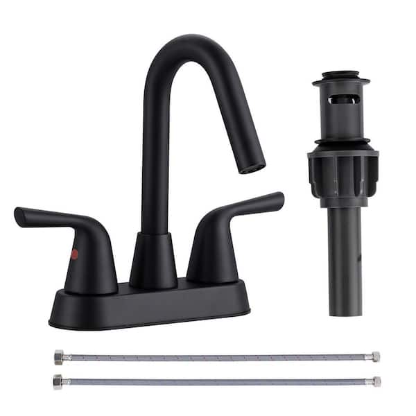 Double Handle 4 in. Centerset High Arc Bathroom Faucet, Basin Faucet with Pop-Up Drain Kit in Matte Black
