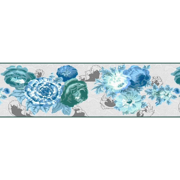 Dundee Deco Falkirk Dandy Blue, Teal Flowers, Roses Abstract Peel and Stick Wallpaper Border