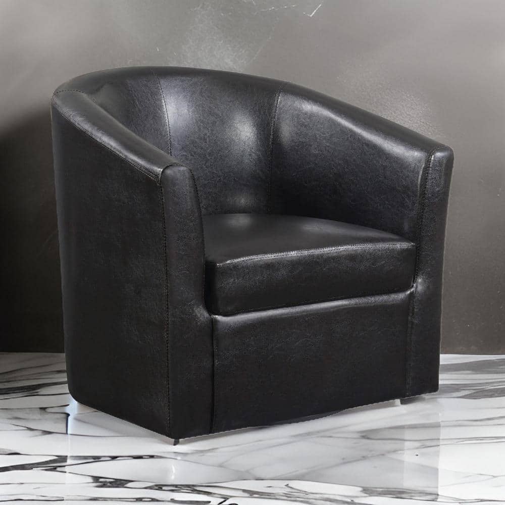 Dark Brown Faux Leather Swivel Barrel Accent Chair