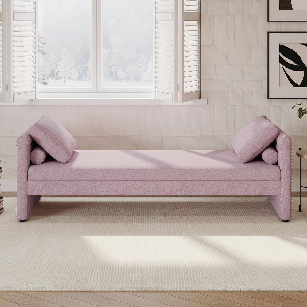 Pink Linen Upholstered Chaise Lounge with Wood Frame