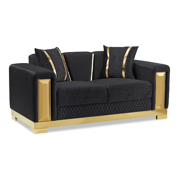 Furniture of America Jayda 68 in. Black and Gold Floral Polyester Fabric Upholstered 2-Seater Loveseat with Curved Track Arms and Tight Back