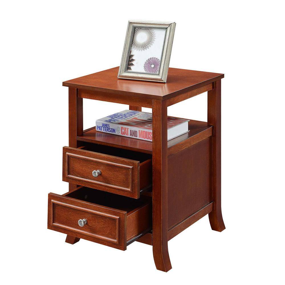 Mahogany Wood End Table with Storage Drawers and Shelf