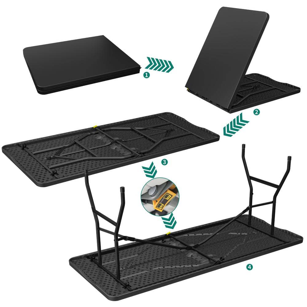 Dextrus 6ft Black Plastic Folding Picnic Table with Metal Frame