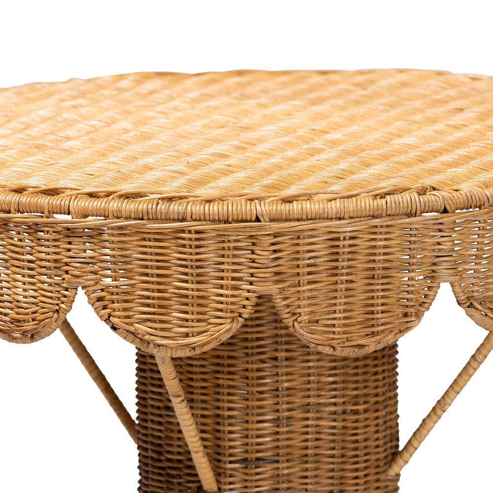 Pabla Light Honey Rattan and Metal Round Scalloped Accent Table