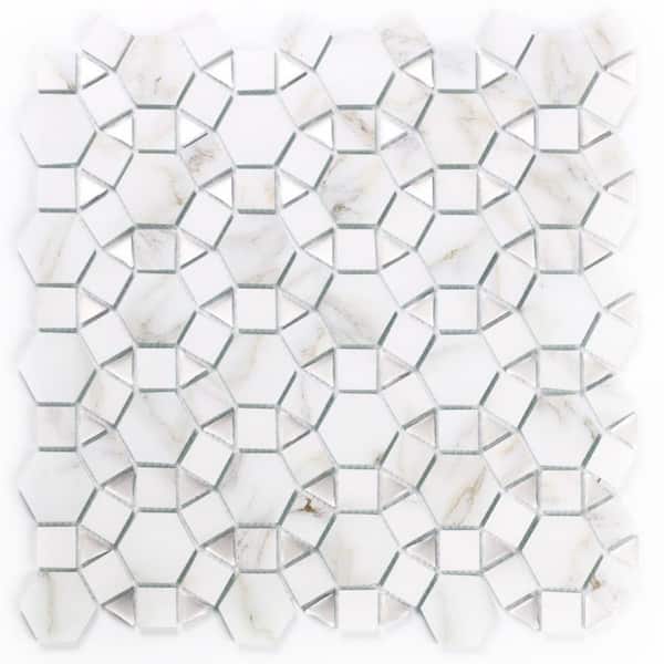 Art Deco Calacatta White Cobblestone Mosaic 12 in. x 12 in. Marble Look Glass Decorative Tile (1 sq.ft/Each)