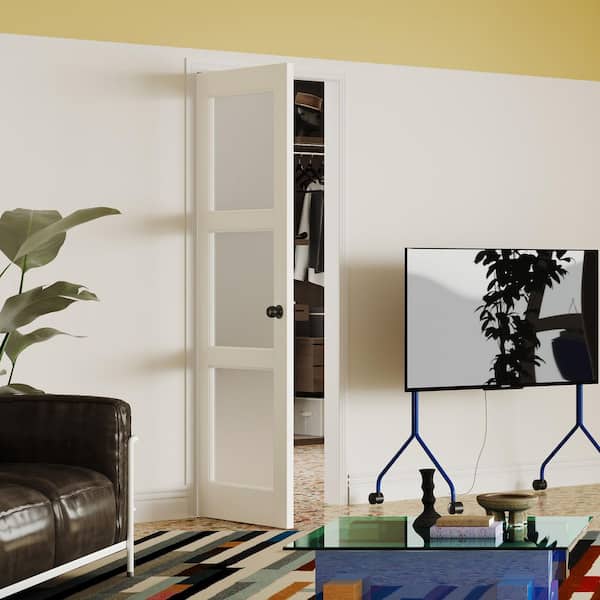 28 in. x 80 in. 3-Lite, Frosted Glass, White Primed, Composite Prehung Interior Door Left-Handed with Jamb and Hardware