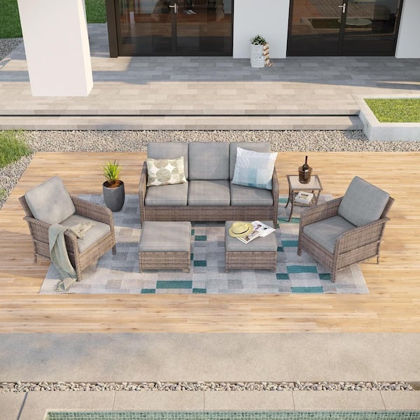 Sonkuki 6-Piece Patio Conversation Sofa Set Gray Wicker with Side Table and Thickening Cushions, Linen Gray Cushion