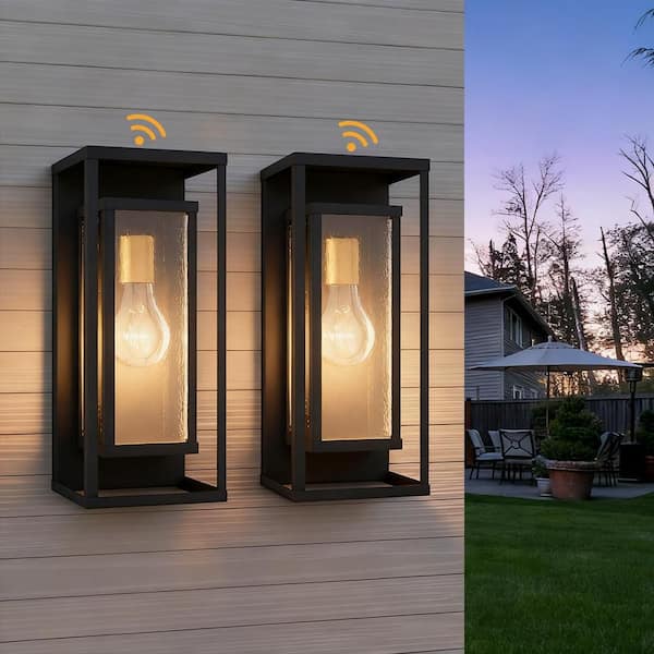 Montpelier 1-Light Black Hardwired 16 in. H Outdoor Sconce Dusk to Dawn Wall Lantern Sconce (Set of 2)
