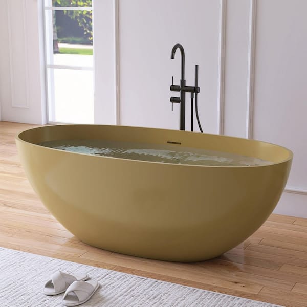 MEDUNJESS Eaton 61 in. x 30 in. Stone Resin Solid Surface Flatbottom Freestanding Soaking Bathtub in Camel