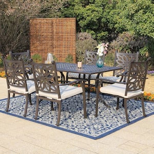 Brown 7-Piece Cast Aluminum Patio Outdoor Dining Set with Rectangle Table and Dining Chairs with Beige Cushion