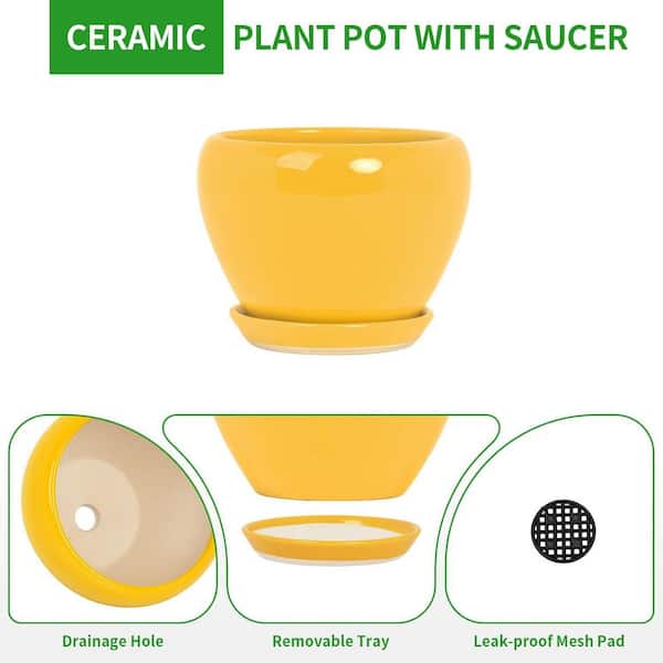 OGETFUUR Yellow Ceramic Round Flower Planter with Drainage Hole