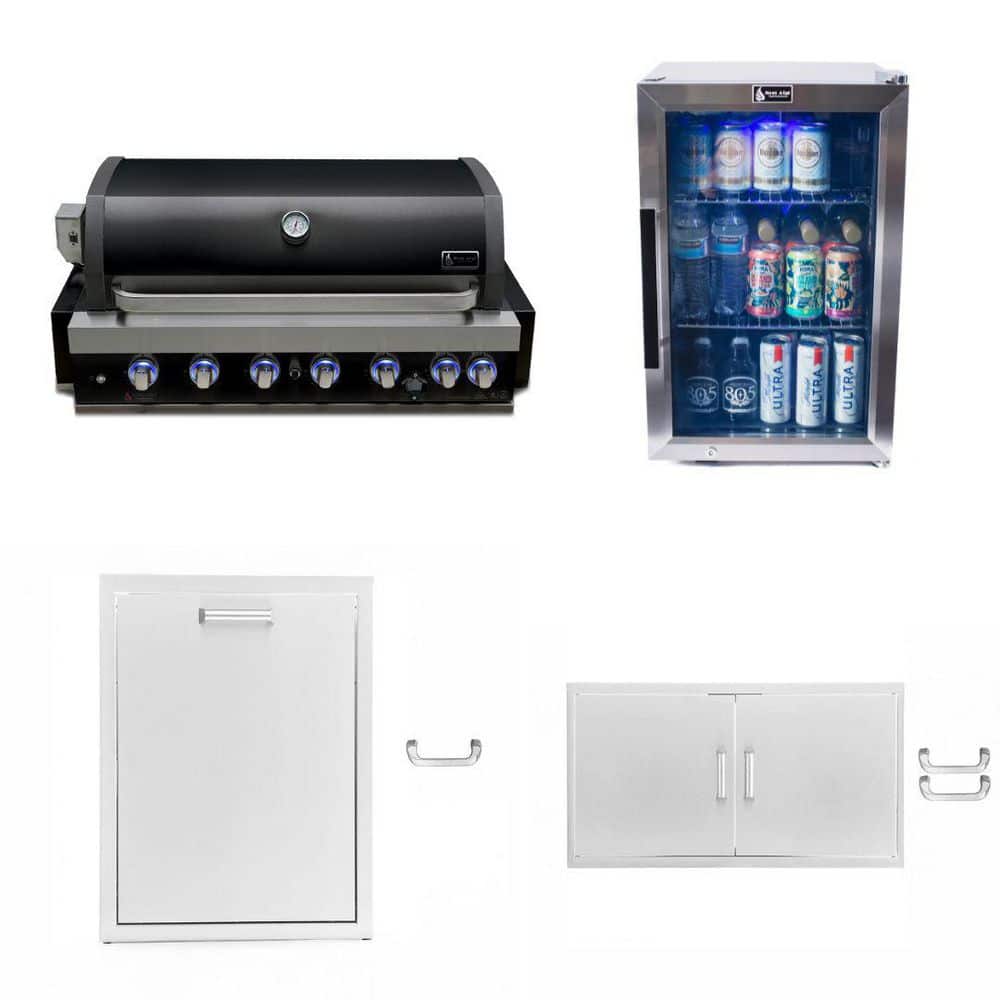 Built-in 6-Burner + Access Doors + Trash Drawer + Fridge Propane Natural Gas Drop-in BBQ Grill in Black Stainless Steel