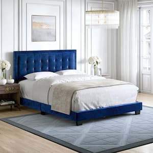 Pisa Velvet Upholstered Platform Bed Frame, Blue, Full