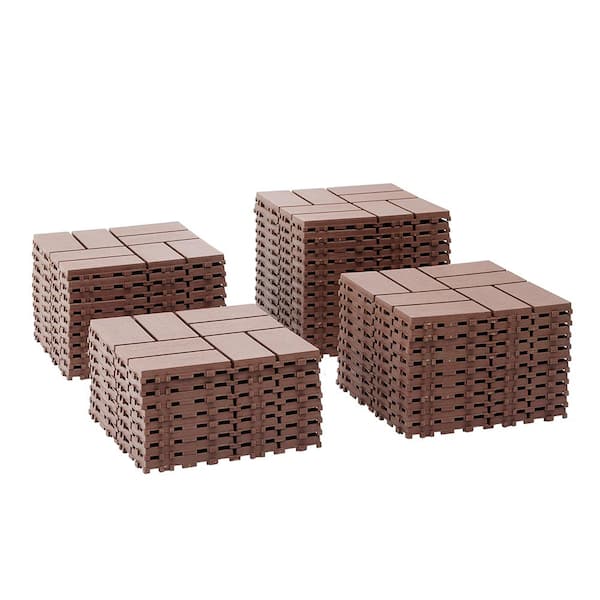 BTMWAY Dark Brown 1 ft. x 1 ft. All-Weather Plastic Outdoor Interlocking Deck Tiles Checker Pattern Garage Floor Tiles(44-Pack)