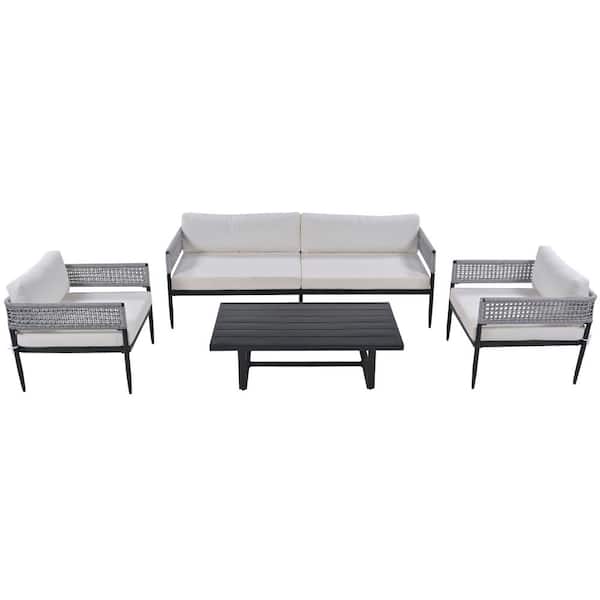 Polibi Light Luxury 4-Piece Steel Outdoor Conversation Set with Love Sofa, Single Sofa, Table and Beige Cushions