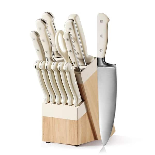14-Piece Cream High Carbon Stainless Steel Knife Set with Block, Sharp Blade Block Knife Set