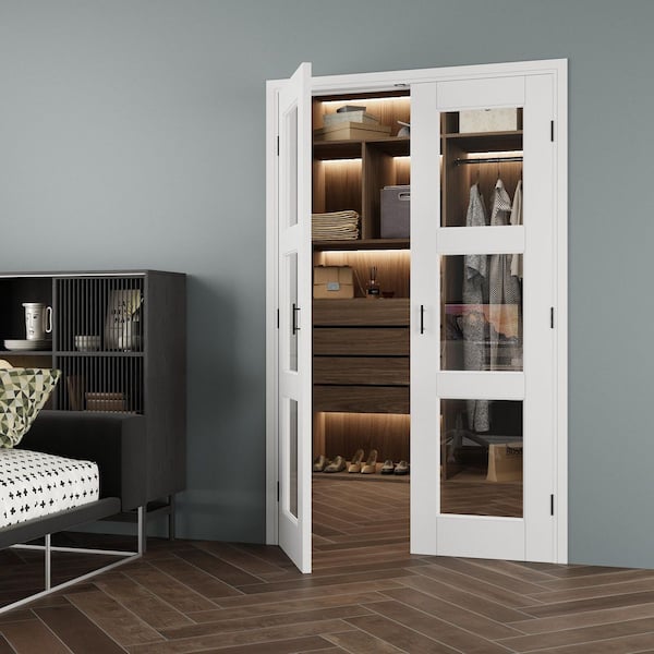 48 in. x 80 in. 3-Lite Clear Glass Universal White Solid Core Glass Double Prehung French Door+ Separate Jamb&Ball Catch