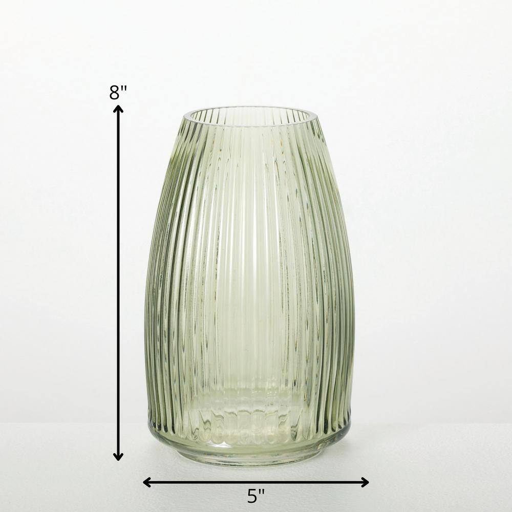 Green Ribbed Glass Vase for Table Centerpieces