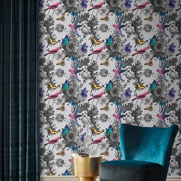 Jardin Grey Floral Birds Paste the Wall Wallpaper