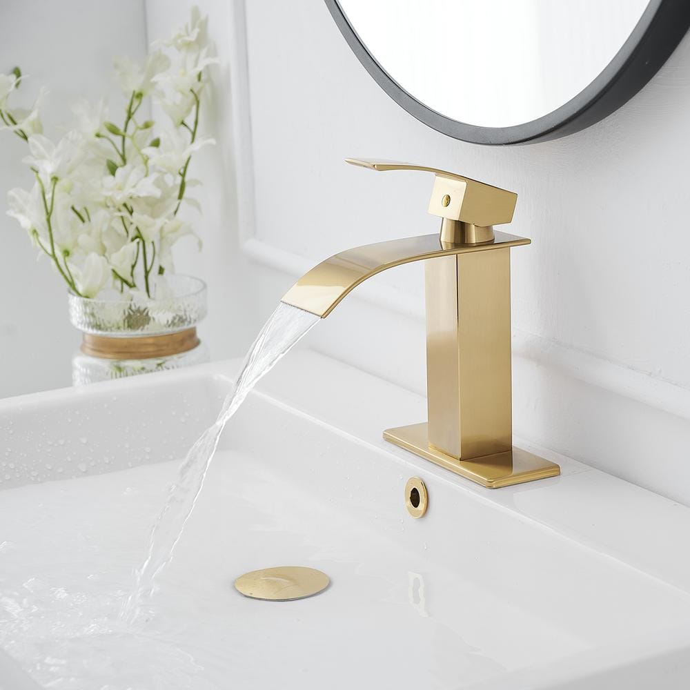 Brushed Gold Single Handle Low-Arc Bathroom Faucet with Drain