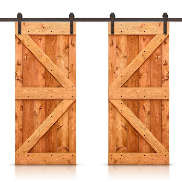 CALHOME 72 in. x 84 in. K Series Red Walnut Stained Solid Knotty Pine Wood Interior Double Sliding Barn Door with Hardware Kit