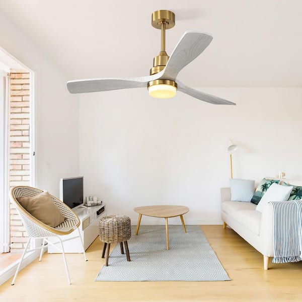52 in. Ceiling Fan with Dimmable Led Light 3 Solid Wood Blades Remote Control Reversible DC Motor For Living Room, Gold