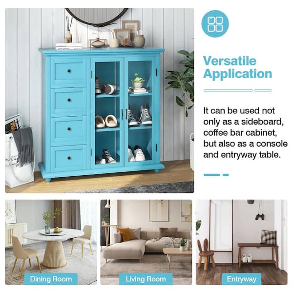 Costway Blue Wooden 36 in. Buffet Sideboard Table Kitchen Costway Blue Wooden 36 in. Buffet Sideboard Table Kitchen