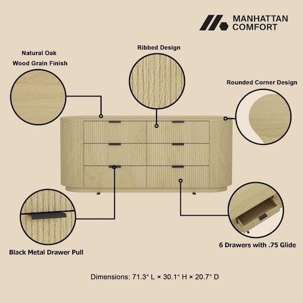 Manhattan Comfort Olivia Modern Natural Oak 6-Drawer 71.3 in